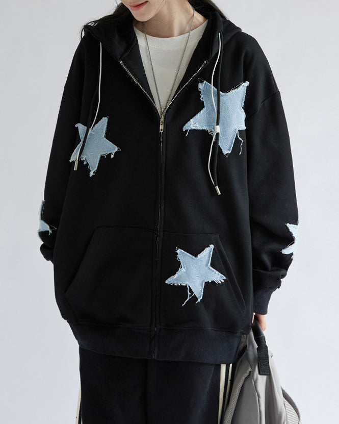 GRAY ZIP-UP HOODIE WITH BLUE STAR PATCHES FOR CASUAL WEAR