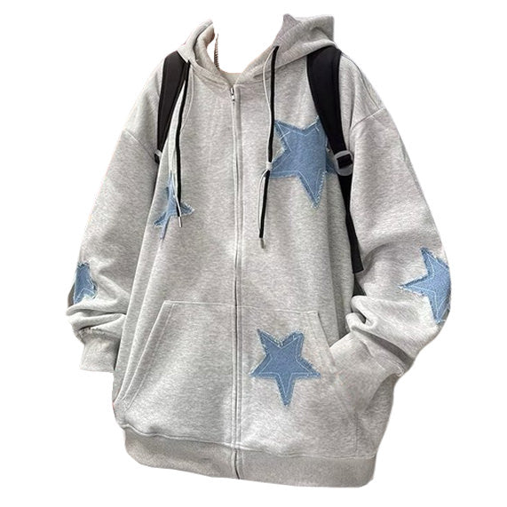 GRAY ZIP-UP HOODIE WITH BLUE STAR PATCHES FOR CASUAL WEAR