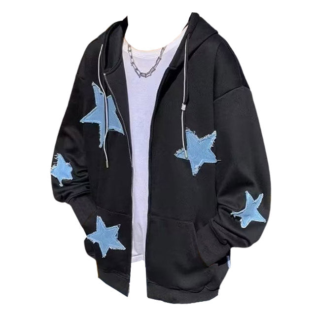 GRAY ZIP-UP HOODIE WITH BLUE STAR PATCHES FOR CASUAL WEAR