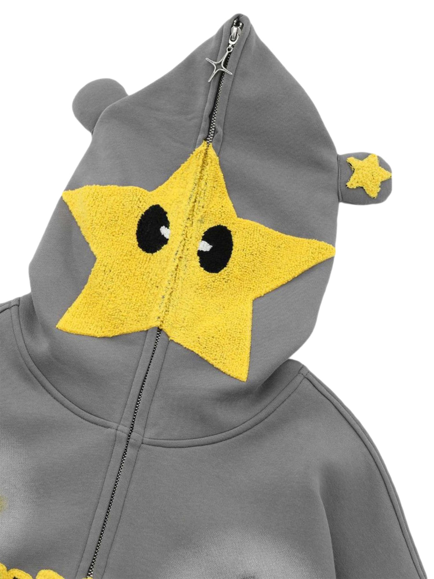 GRAY ZIP-UP HOODIE WITH STAR ACCENTS AND HOOD EARS TRENDY HOODED PULLOVER
