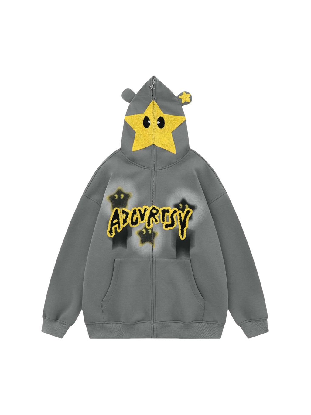 GRAY ZIP-UP HOODIE WITH STAR ACCENTS AND HOOD EARS TRENDY HOODED PULLOVER
