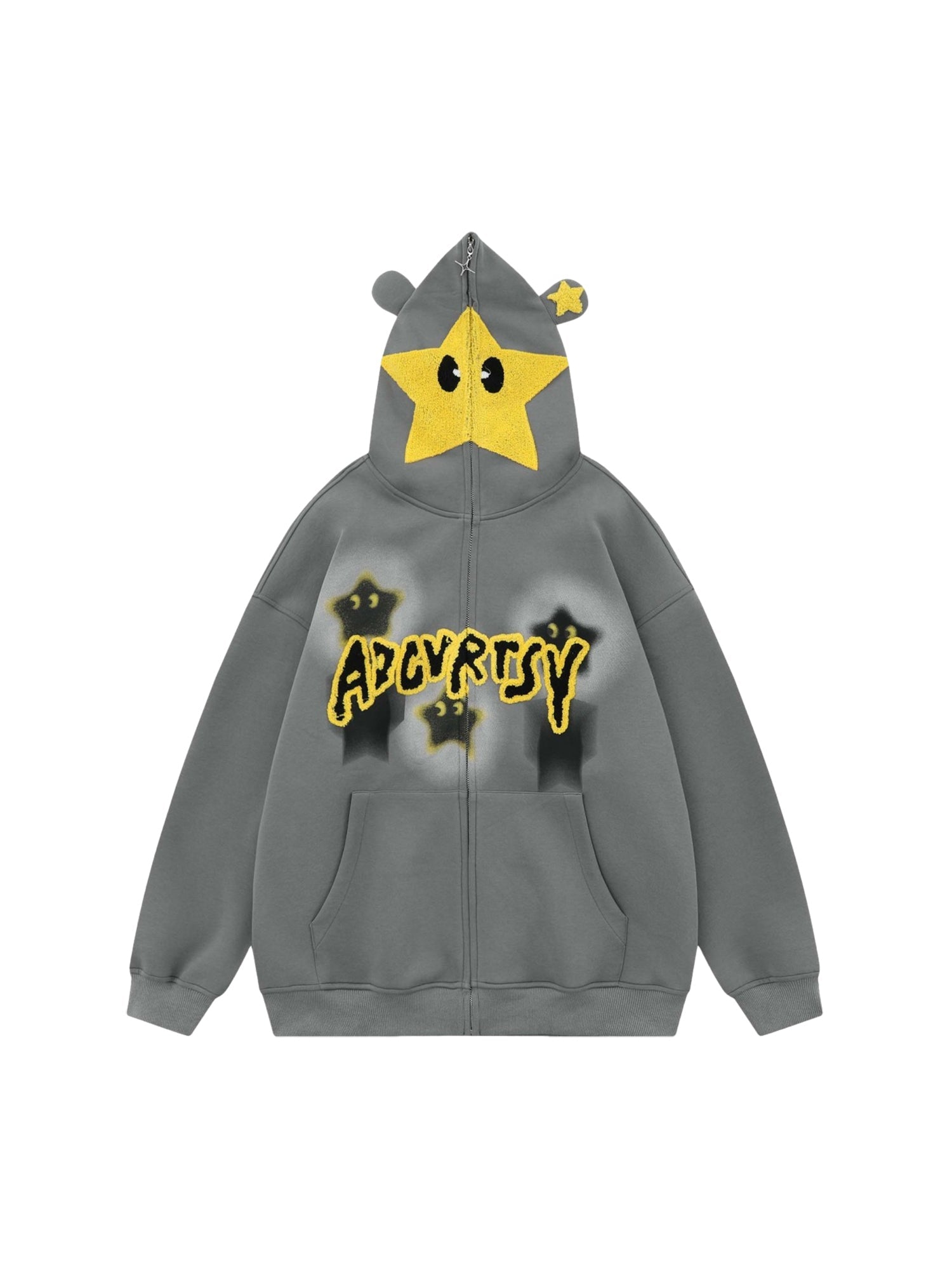 GRAY ZIP-UP HOODIE WITH STAR ACCENTS AND HOOD EARS TRENDY HOODED PULLOVER