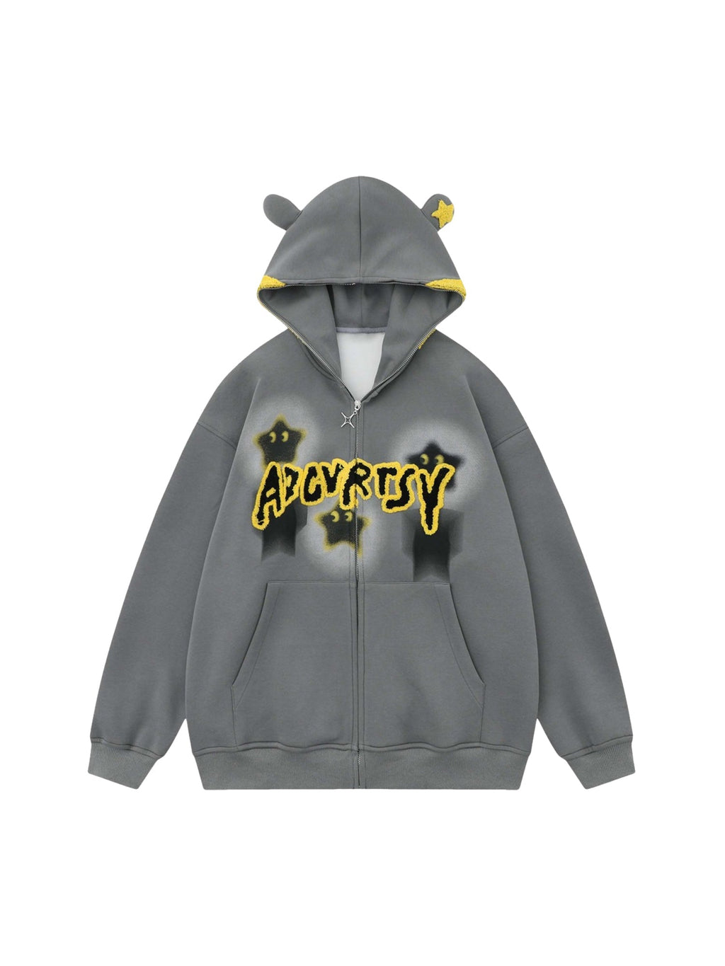 GRAY ZIP-UP HOODIE WITH STAR ACCENTS AND HOOD EARS TRENDY HOODED PULLOVER