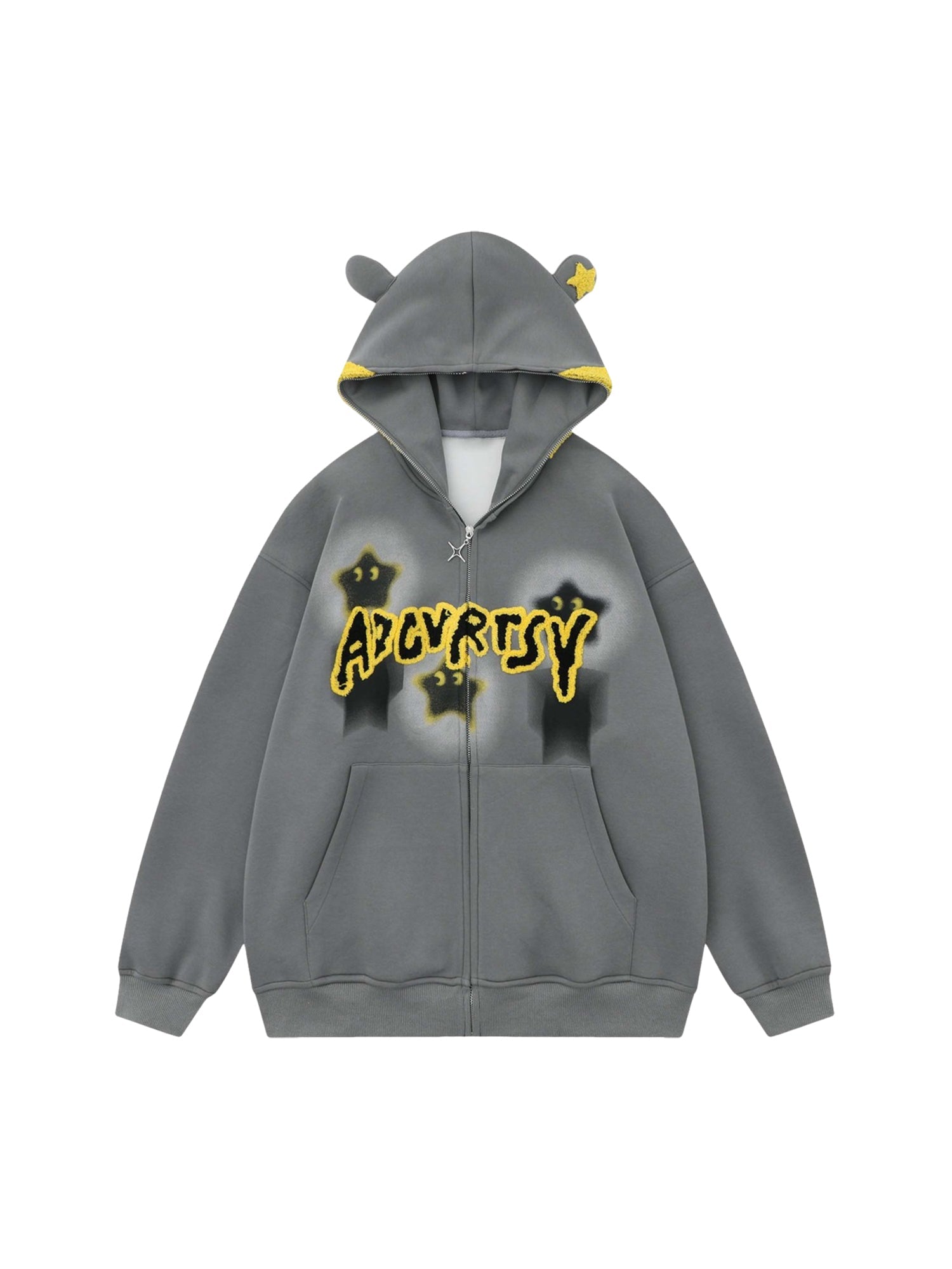 GRAY ZIP-UP HOODIE WITH STAR ACCENTS AND HOOD EARS TRENDY HOODED PULLOVER