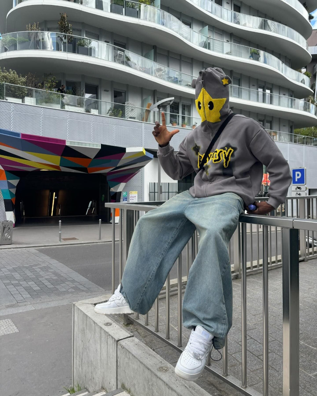 GRAY ZIP-UP HOODIE WITH STAR ACCENTS AND HOOD EARS TRENDY HOODED PULLOVER