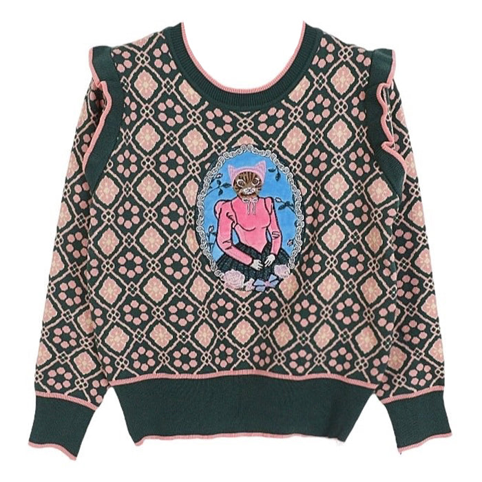 GREEN AND PINK CAT PORTRAIT SWEATER FOR WOMEN