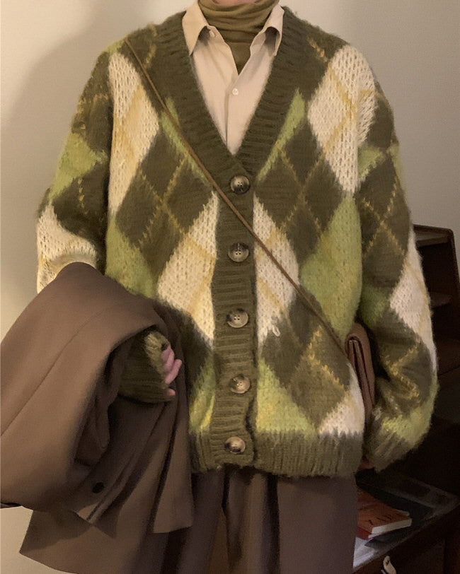 GREEN AND WHITE ARGYLE CARDIGAN SWEATER FOR WOMEN