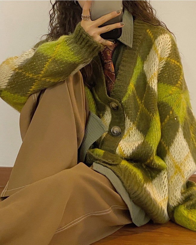 GREEN AND WHITE ARGYLE CARDIGAN SWEATER FOR WOMEN