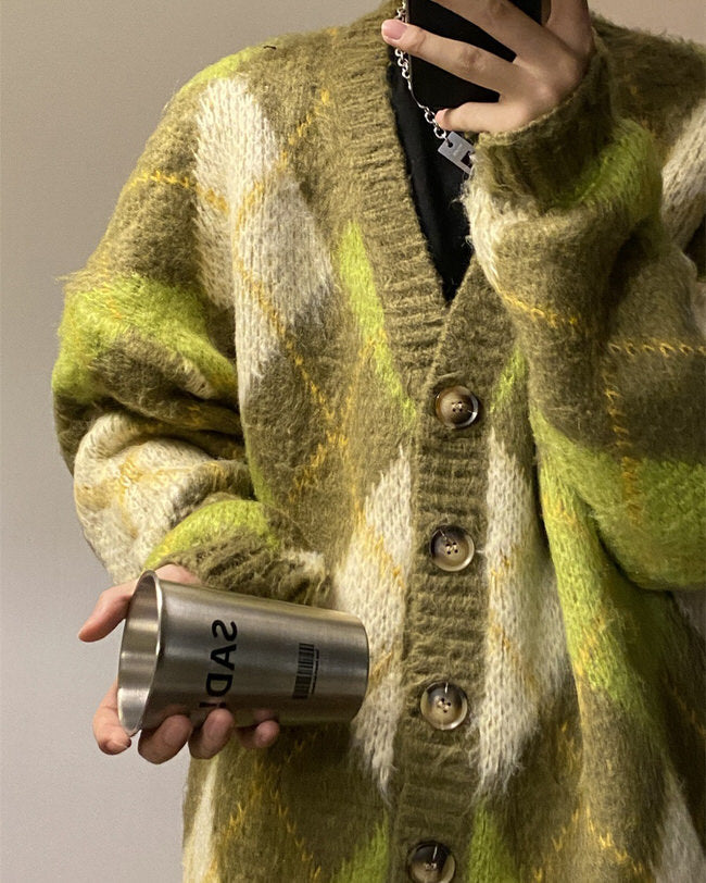 GREEN AND WHITE ARGYLE CARDIGAN SWEATER FOR WOMEN