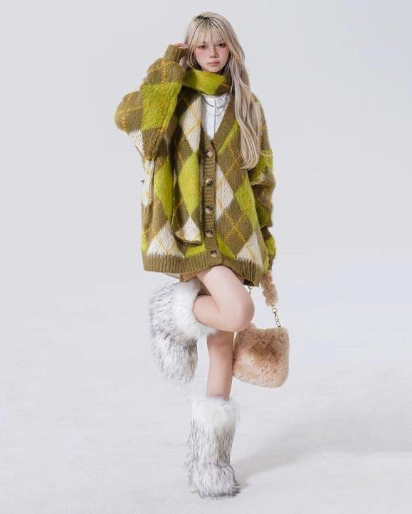 GREEN AND WHITE ARGYLE CARDIGAN SWEATER FOR WOMEN