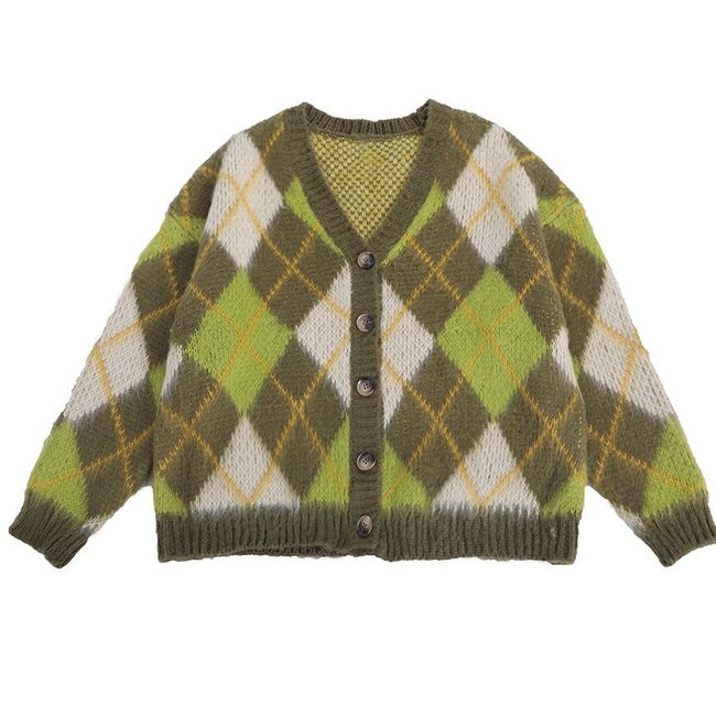 GREEN AND WHITE ARGYLE CARDIGAN SWEATER FOR WOMEN