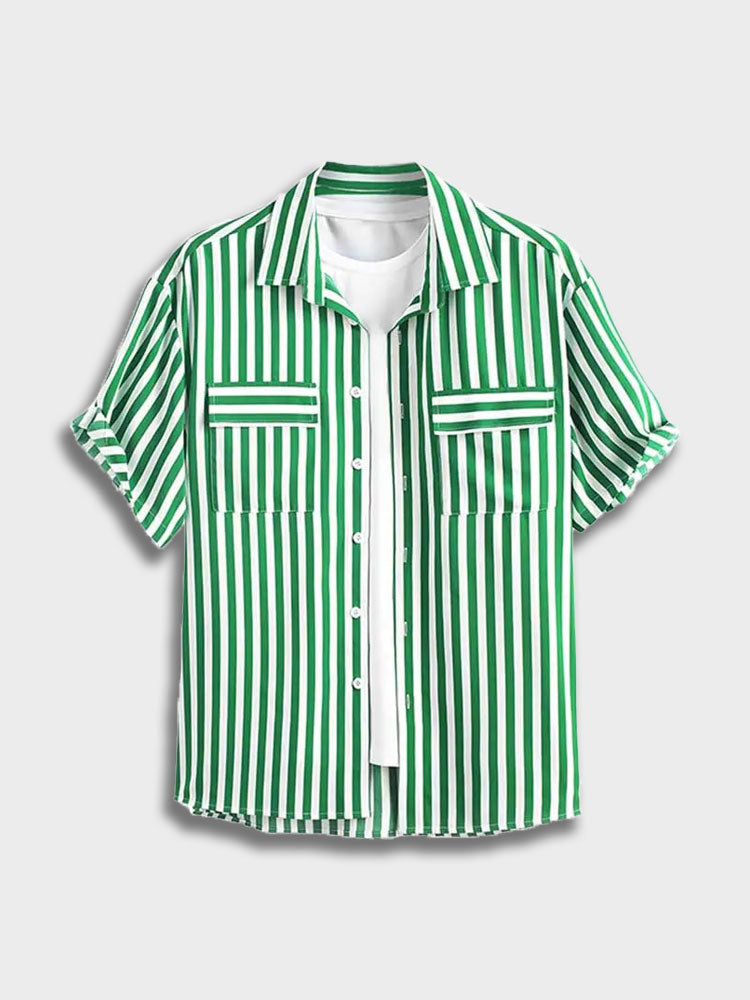 GREEN AND WHITE STRIPED SHORT-SLEEVED SHIRT - VERTICAL STRIPED SHIRT