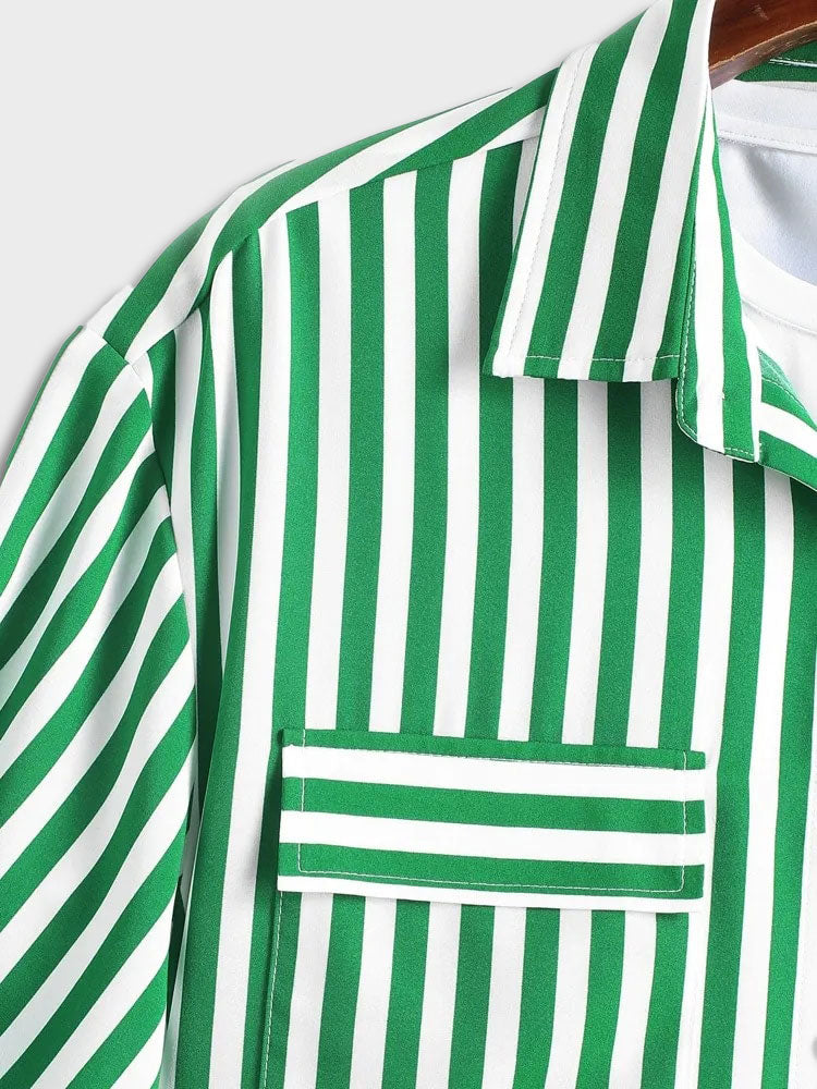 GREEN AND WHITE STRIPED SHORT-SLEEVED SHIRT - VERTICAL STRIPED SHIRT