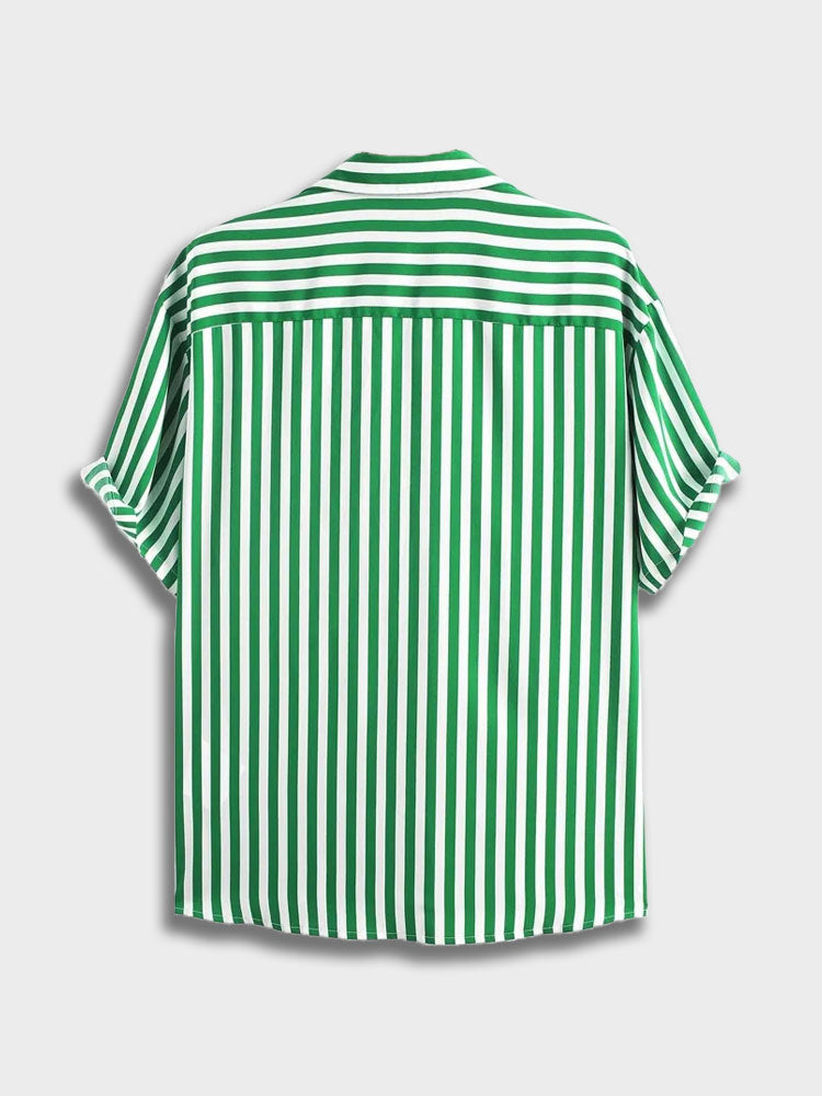 GREEN AND WHITE STRIPED SHORT-SLEEVED SHIRT - VERTICAL STRIPED SHIRT