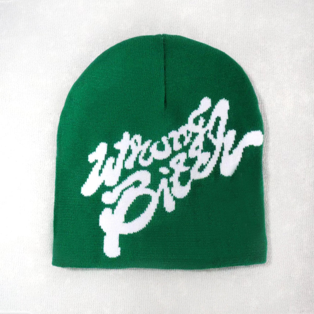 GREEN BEANIE WITH WHITE TEXT WINTER BEANIE BAUMWOLLE
