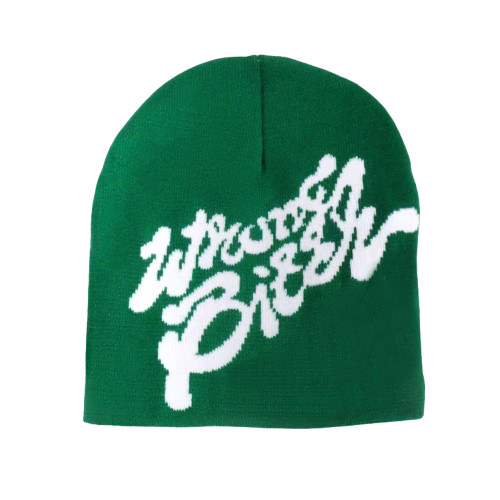 GREEN BEANIE WITH WHITE TEXT WINTER BEANIE BAUMWOLLE
