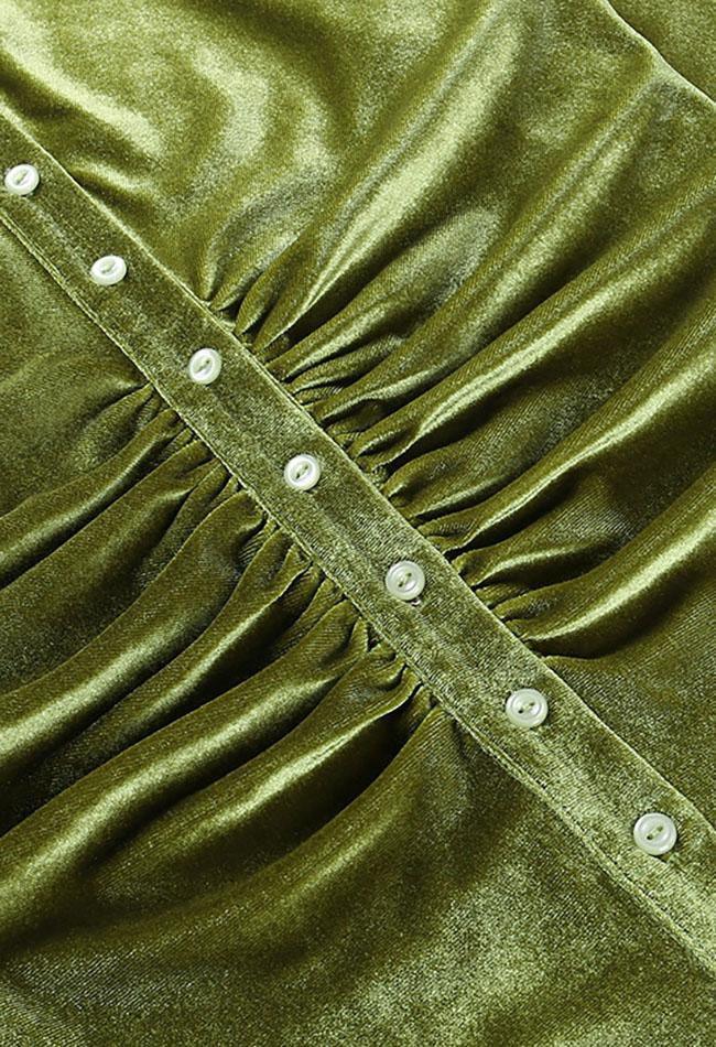 GREEN BUTTON-DOWN DRESS SLIM FIT VELVET LONG SLEEVE DESIGN