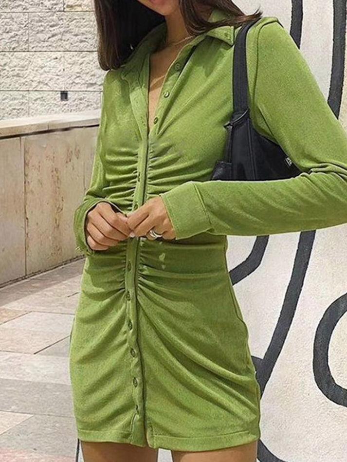 GREEN BUTTON-DOWN DRESS SLIM FIT VELVET LONG SLEEVE DESIGN