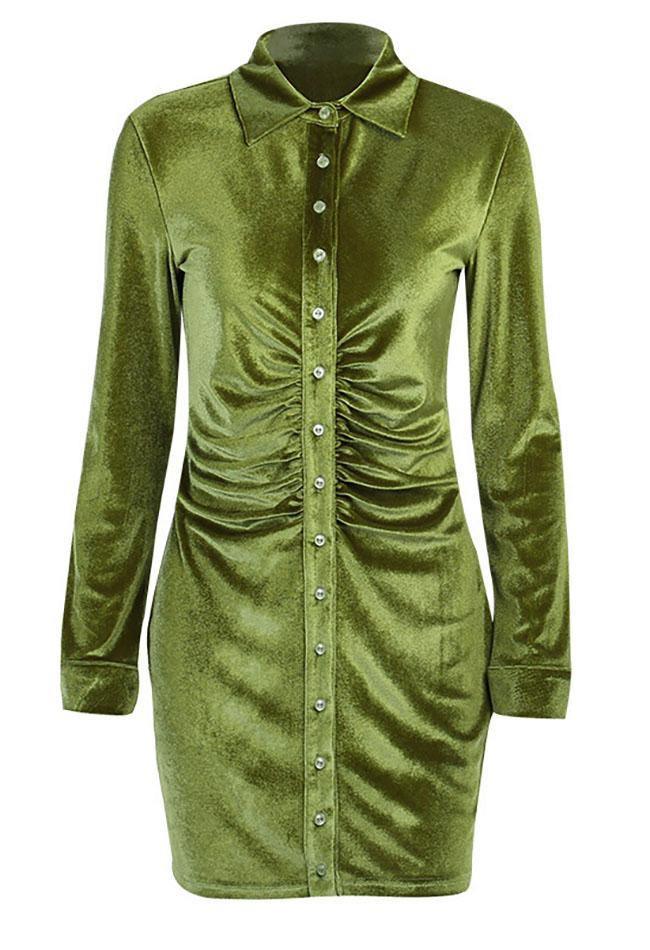 GREEN BUTTON-DOWN DRESS SLIM FIT VELVET LONG SLEEVE DESIGN