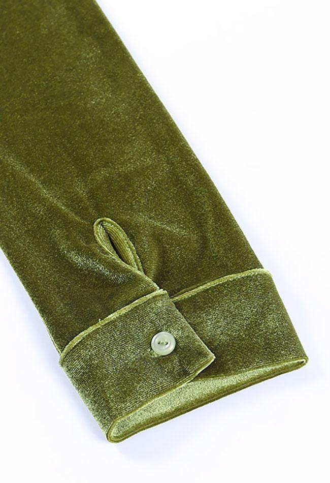 GREEN BUTTON-DOWN DRESS SLIM FIT VELVET LONG SLEEVE DESIGN