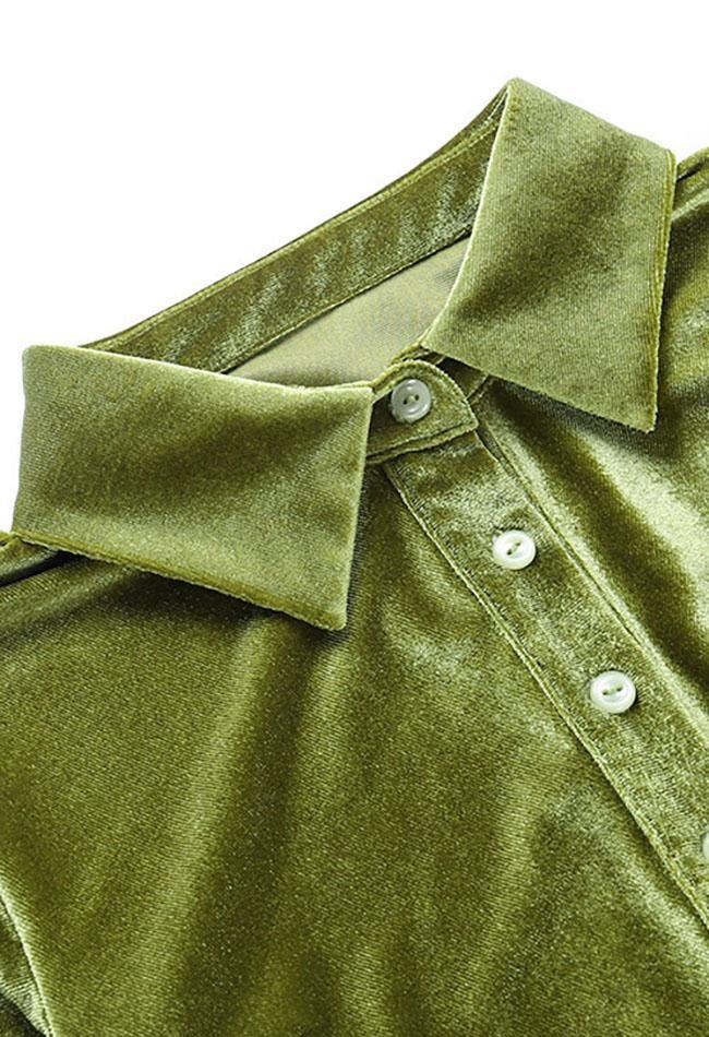 GREEN BUTTON-DOWN DRESS SLIM FIT VELVET LONG SLEEVE DESIGN