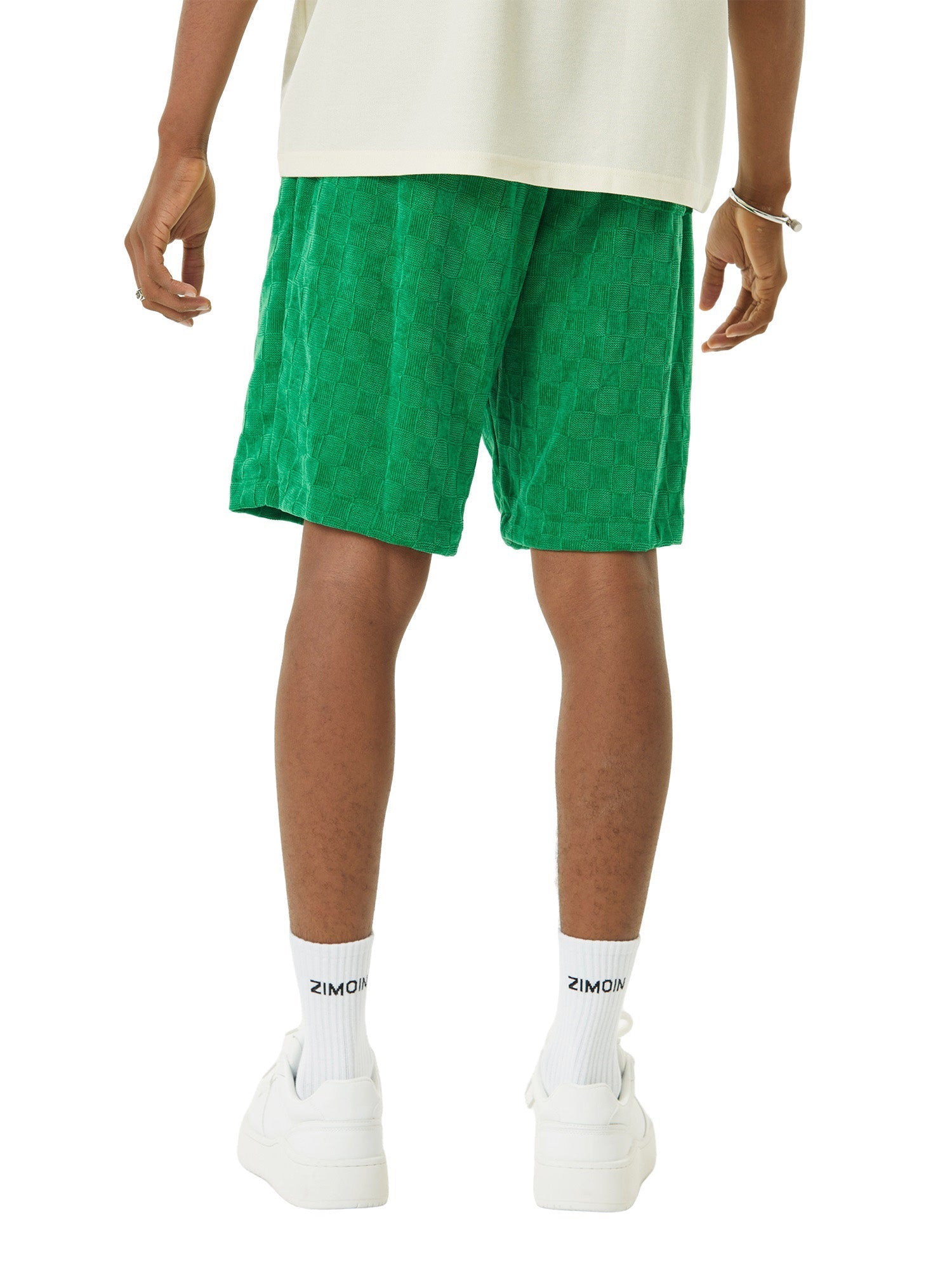 GREEN CHECKERED CORDUROY SHORTS WITH EMBROIDERED DRAWSTRINGS