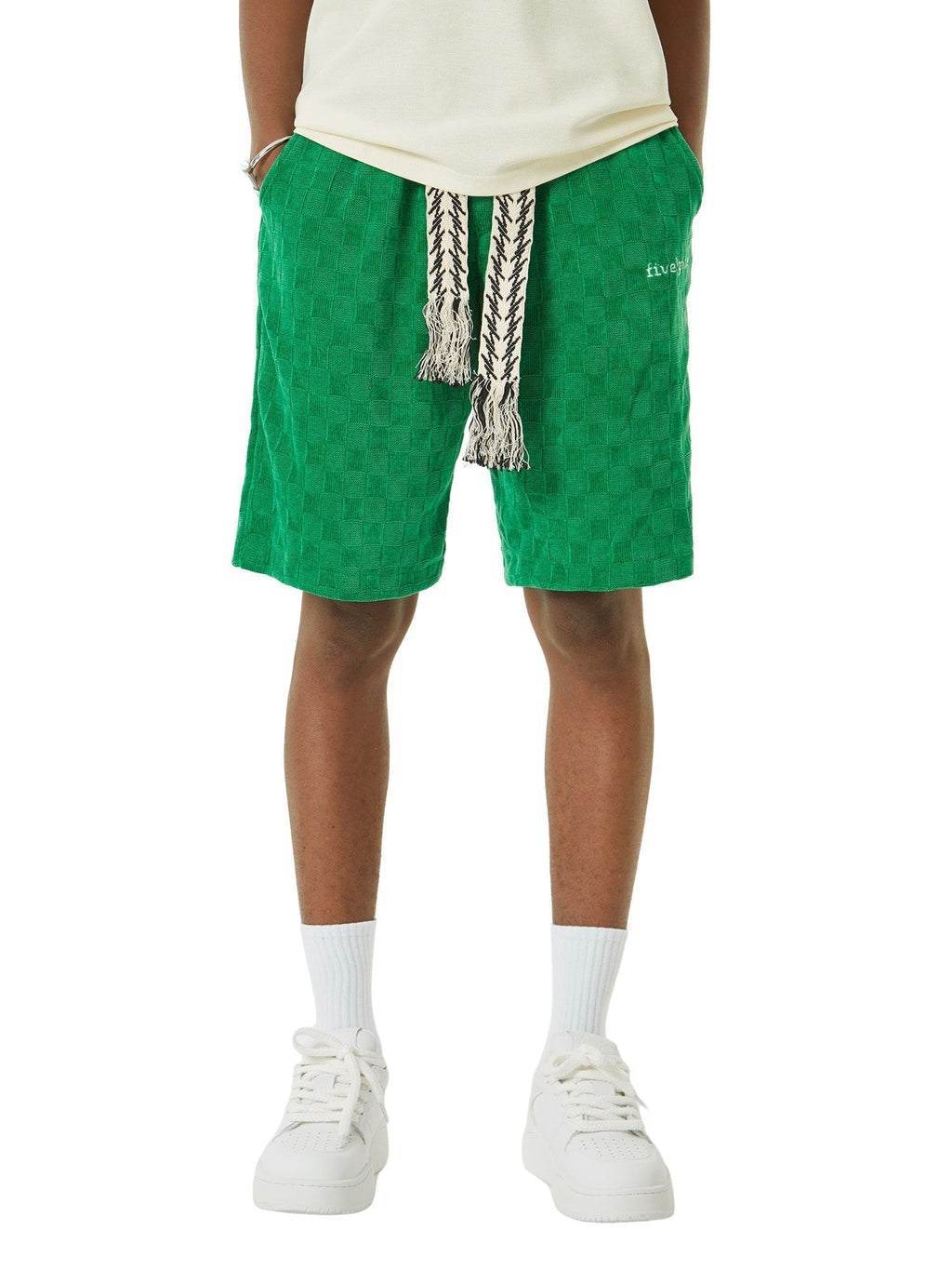 GREEN CHECKERED CORDUROY SHORTS WITH EMBROIDERED DRAWSTRINGS