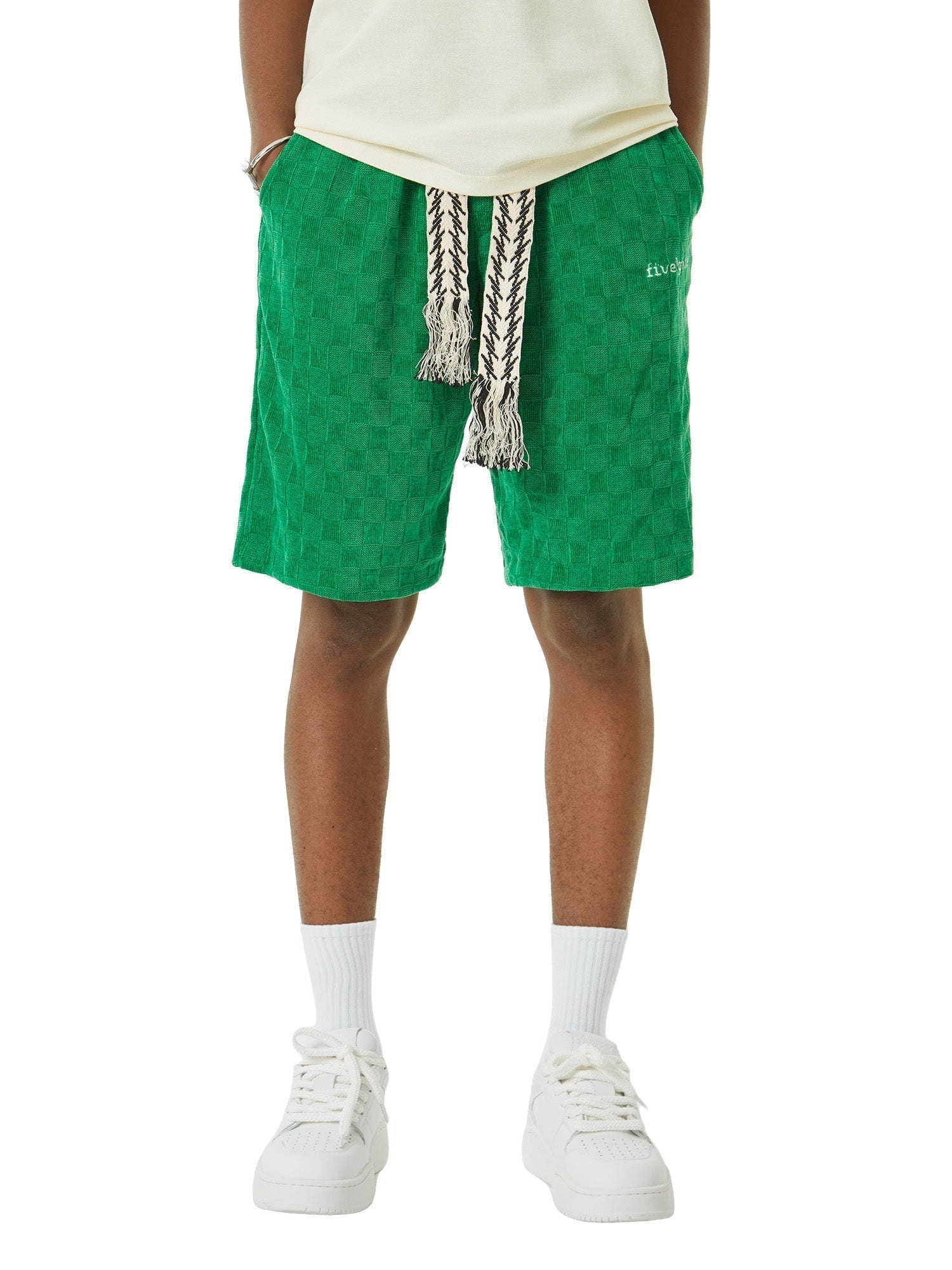 GREEN CHECKERED CORDUROY SHORTS WITH EMBROIDERED DRAWSTRINGS