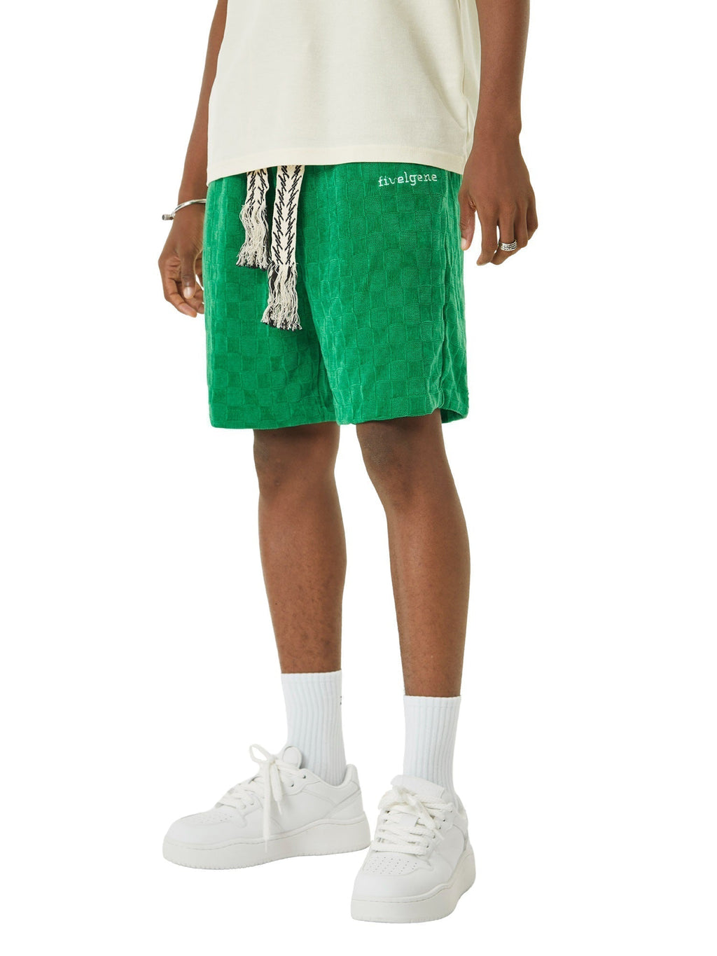 GREEN CHECKERED CORDUROY SHORTS WITH EMBROIDERED DRAWSTRINGS