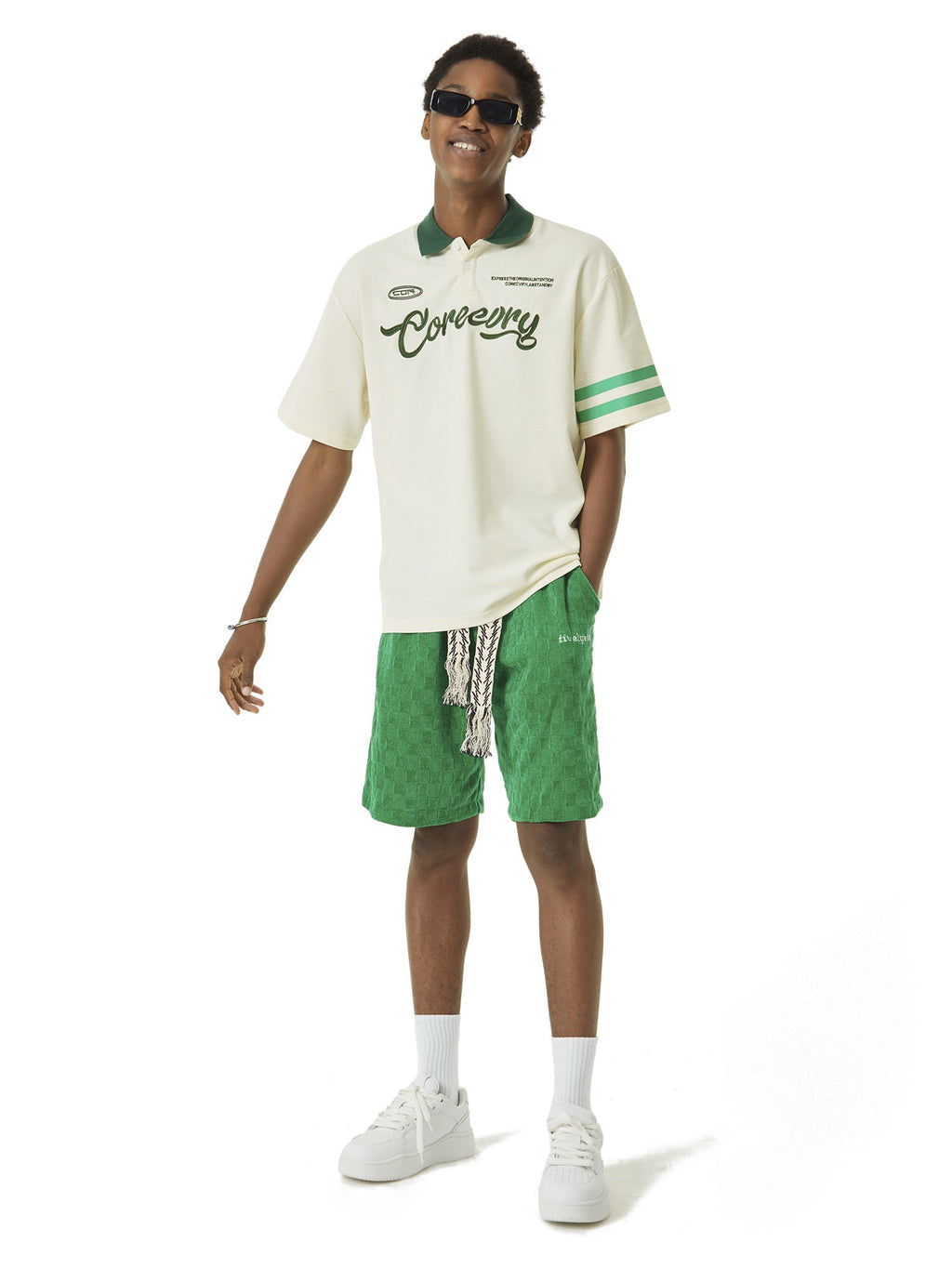 GREEN CHECKERED CORDUROY SHORTS WITH EMBROIDERED DRAWSTRINGS