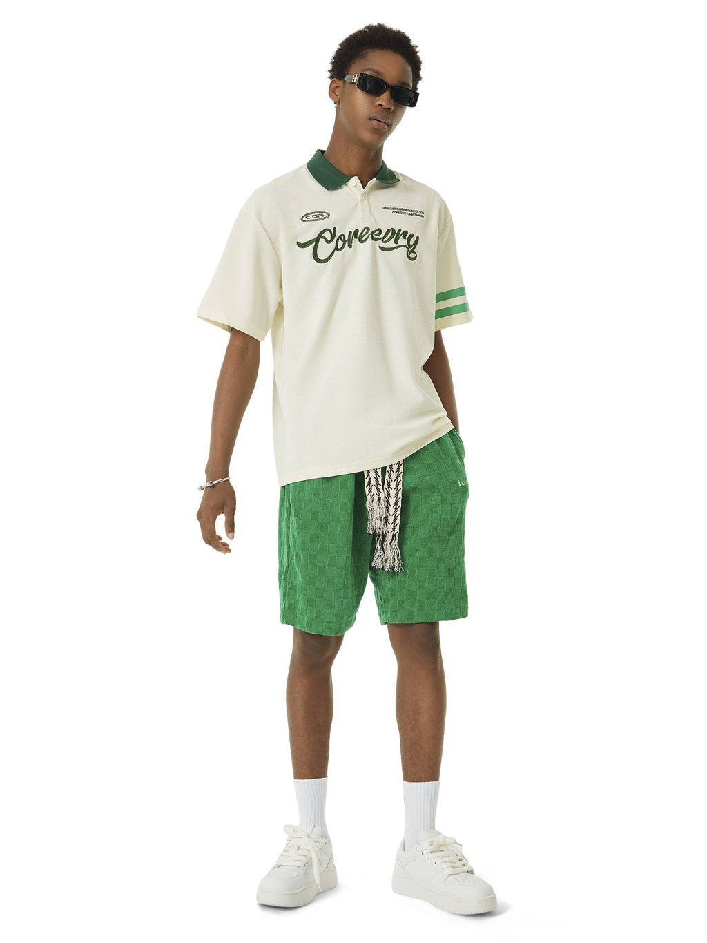 GREEN CHECKERED CORDUROY SHORTS WITH EMBROIDERED DRAWSTRINGS