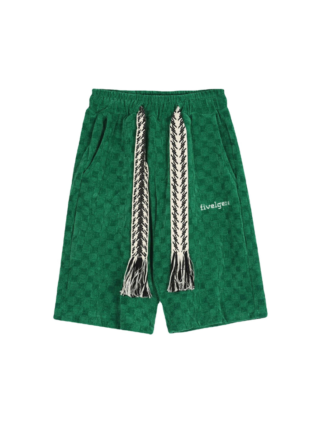GREEN CHECKERED CORDUROY SHORTS WITH EMBROIDERED DRAWSTRINGS