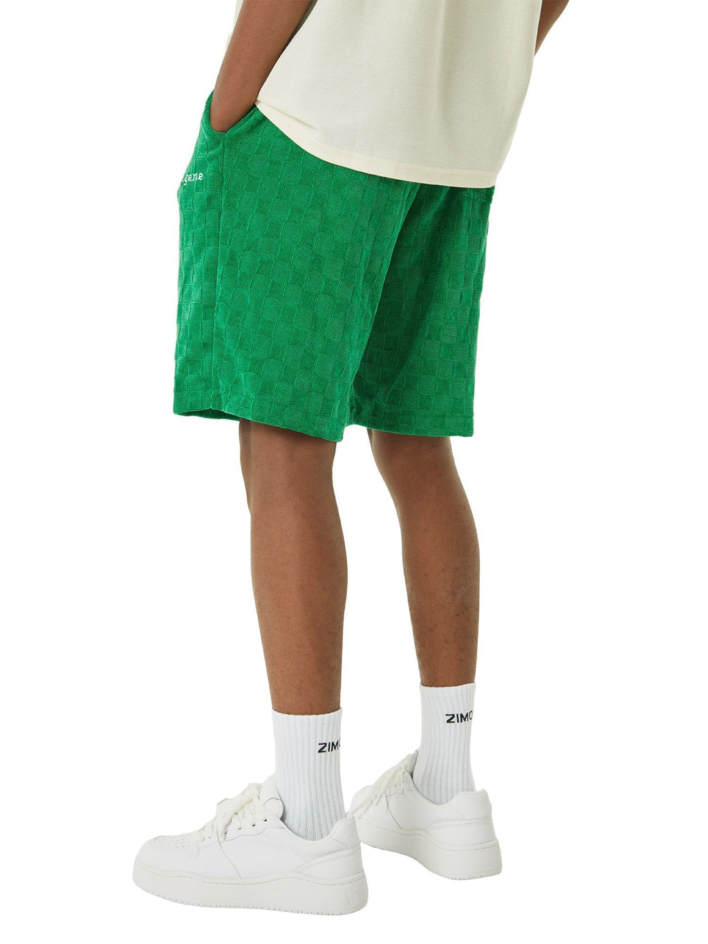 GREEN CHECKERED CORDUROY SHORTS WITH EMBROIDERED DRAWSTRINGS