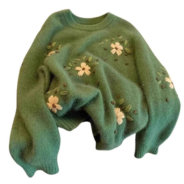 GREEN FLORAL EMBROIDERED SWEATER FOR WOMEN