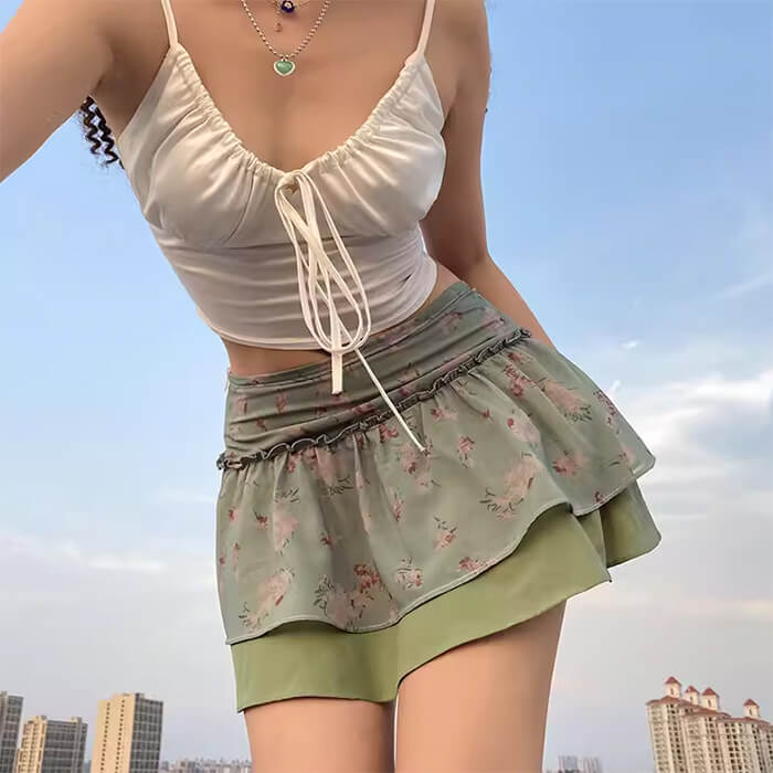 GREEN FLORAL MINI SKIRT FOR WOMEN