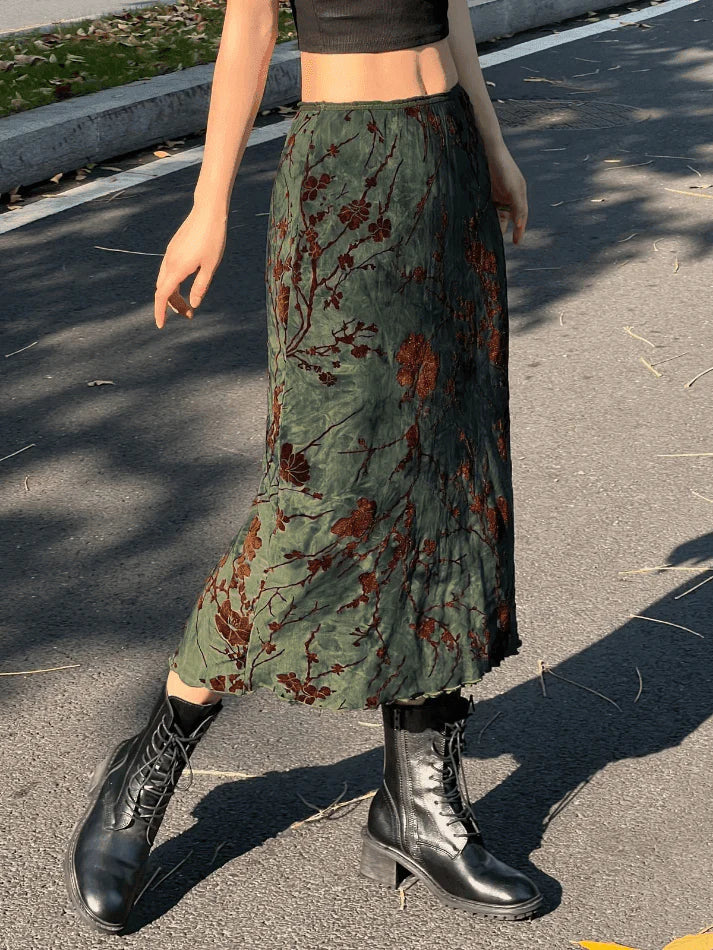GREEN FLORAL VINTAGE MIDI SKIRT - ELEGANT MIDI SKIRT DESIGN