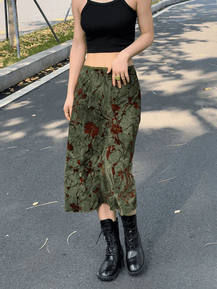 GREEN FLORAL VINTAGE MIDI SKIRT - ELEGANT MIDI SKIRT DESIGN