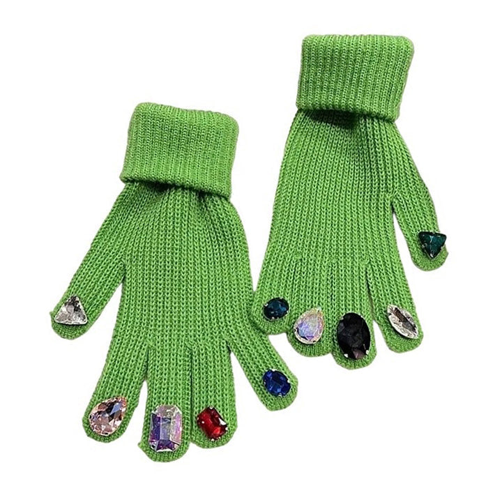 GREEN KNIT GLOVES WITH GEMSTONE EMBELLISHMENTS FOR WOMEN