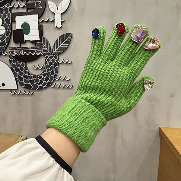 GREEN KNIT GLOVES WITH GEMSTONE EMBELLISHMENTS FOR WOMEN