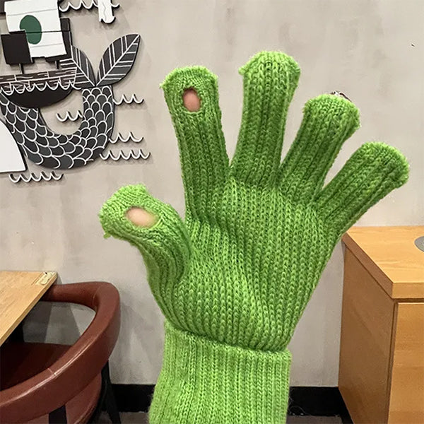 GREEN KNIT GLOVES WITH GEMSTONE EMBELLISHMENTS FOR WOMEN