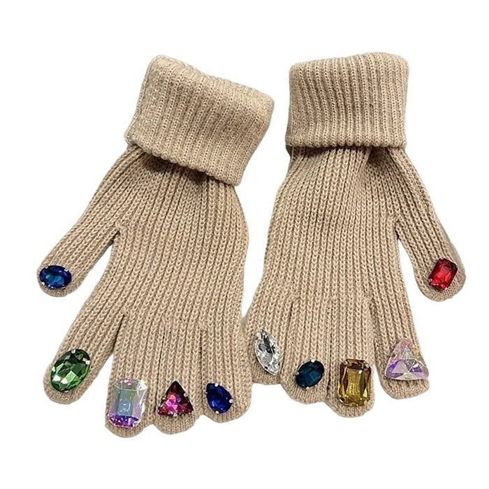GREEN KNIT GLOVES WITH GEMSTONE EMBELLISHMENTS FOR WOMEN