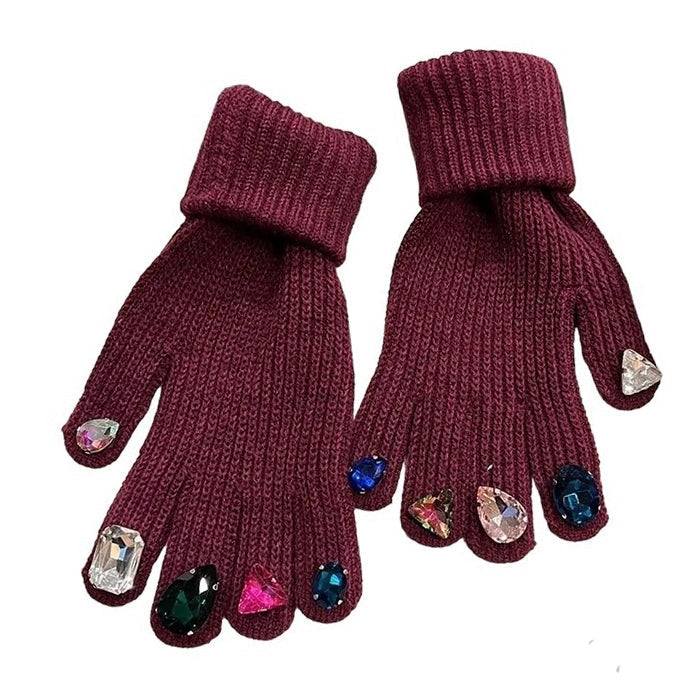 GREEN KNIT GLOVES WITH GEMSTONE EMBELLISHMENTS FOR WOMEN