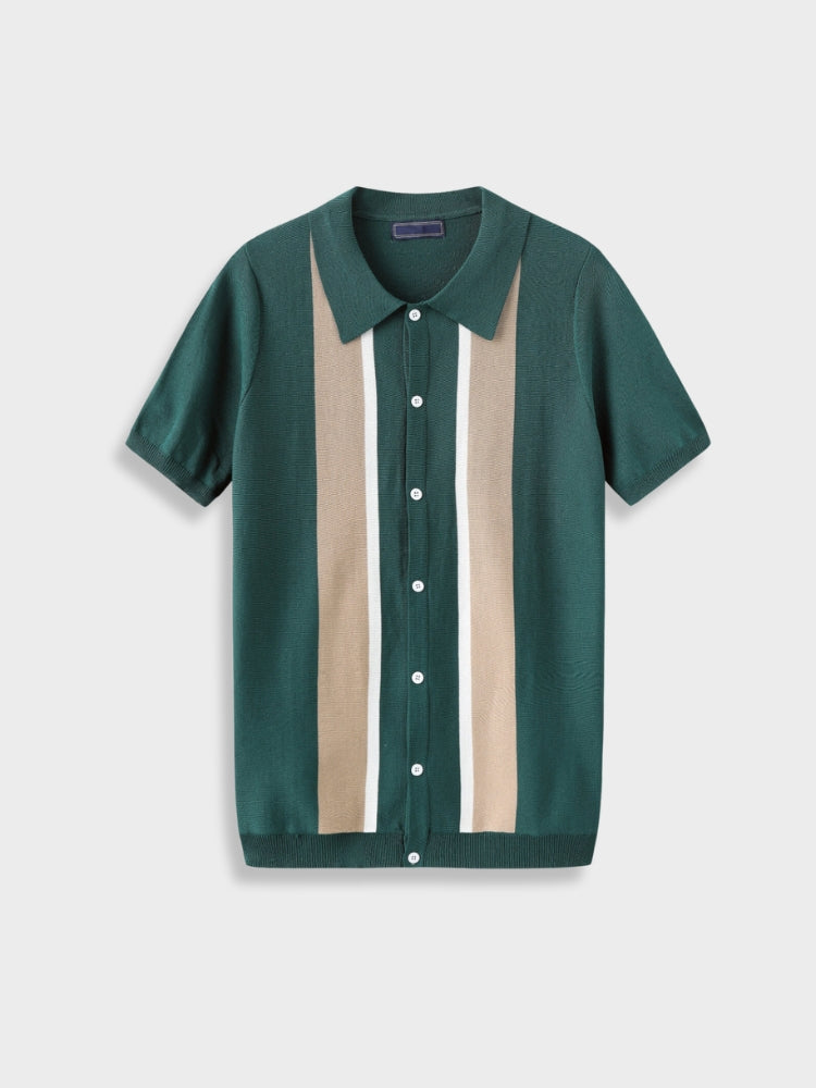 GREEN KNIT POLO SHIRT WITH VERTICAL STRIPES - STYLISH STREETWEAR