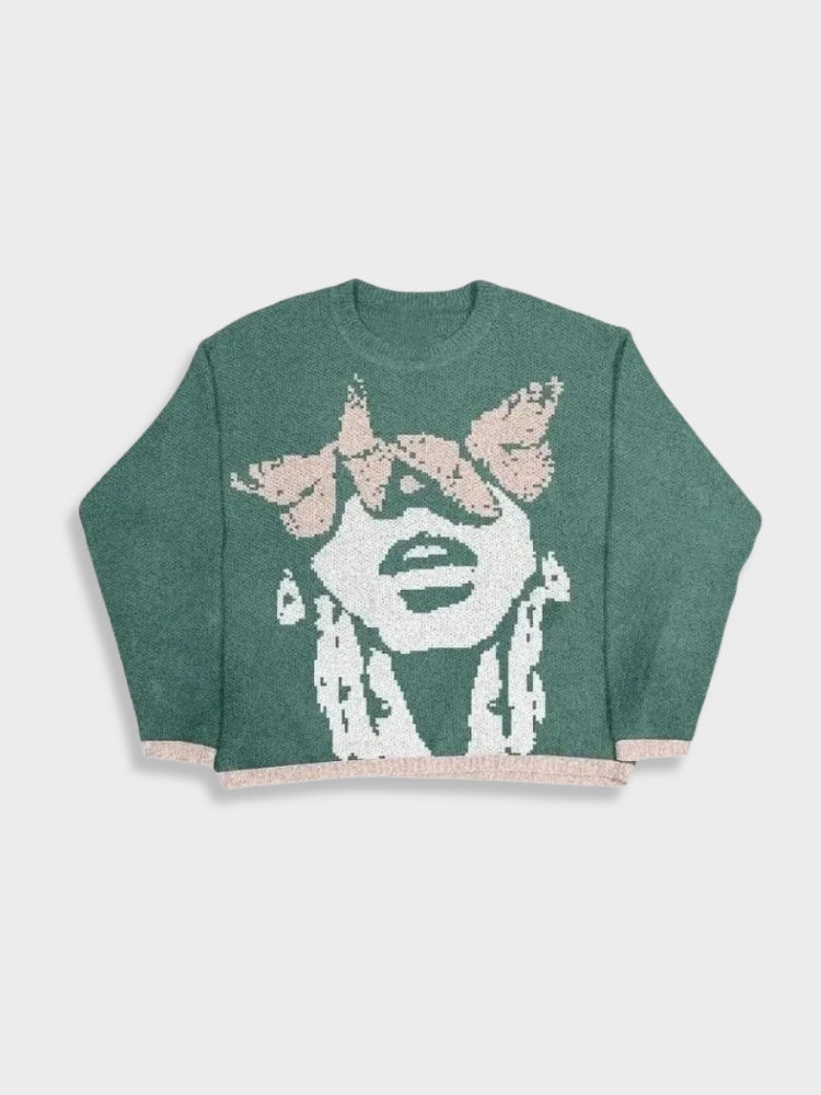 GREEN KNIT SWEATER WITH FACE AND BUTTERFLIES BUTTERFLY GIRL PULLOVER