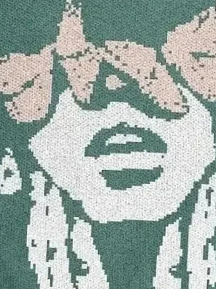 GREEN KNIT SWEATER WITH FACE AND BUTTERFLIES BUTTERFLY GIRL PULLOVER