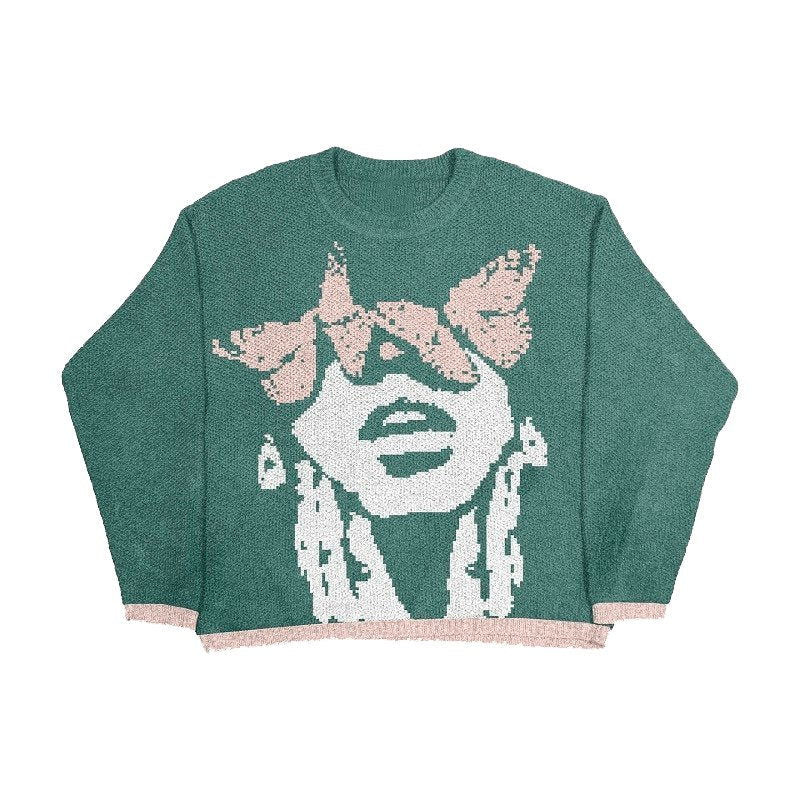 GREEN KNIT SWEATER WITH FACE GRAPHIC FOR ACTIVE LIFESTYLES - KNIT FLYINMYHEAD