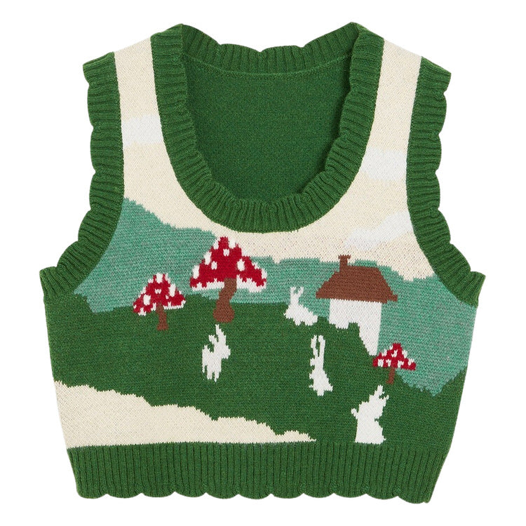 GREEN KNITTED VEST WITH WHIMSICAL LANDSCAPE DESIGN FEATURING MUSHROOM AESTHETIC KNIT