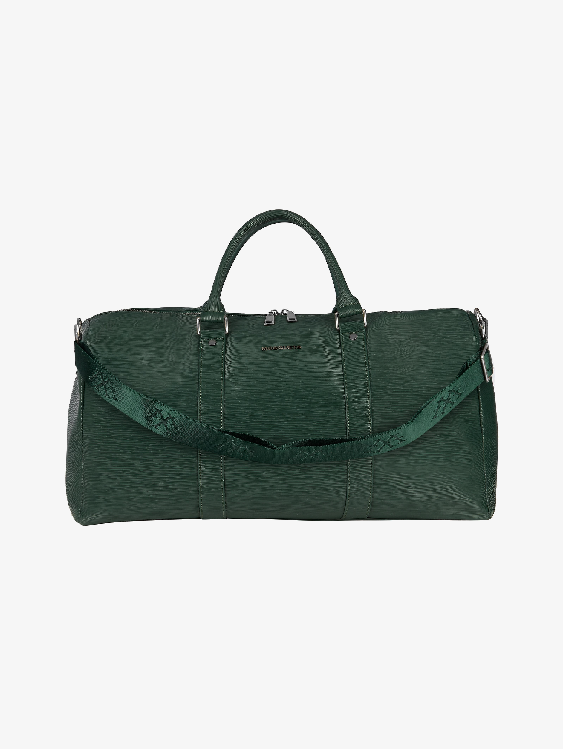 GREEN LEATHER DUFFEL BAG WITH LOGO ZIPPER CLOSURE