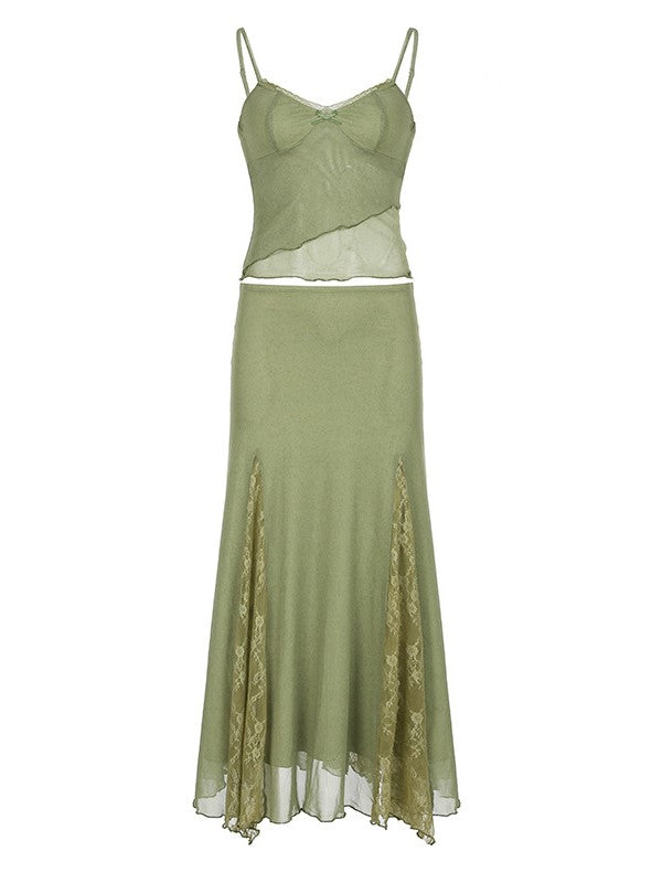 GREEN MESH PATCHWORK TOP AND MIDI SKIRT SET