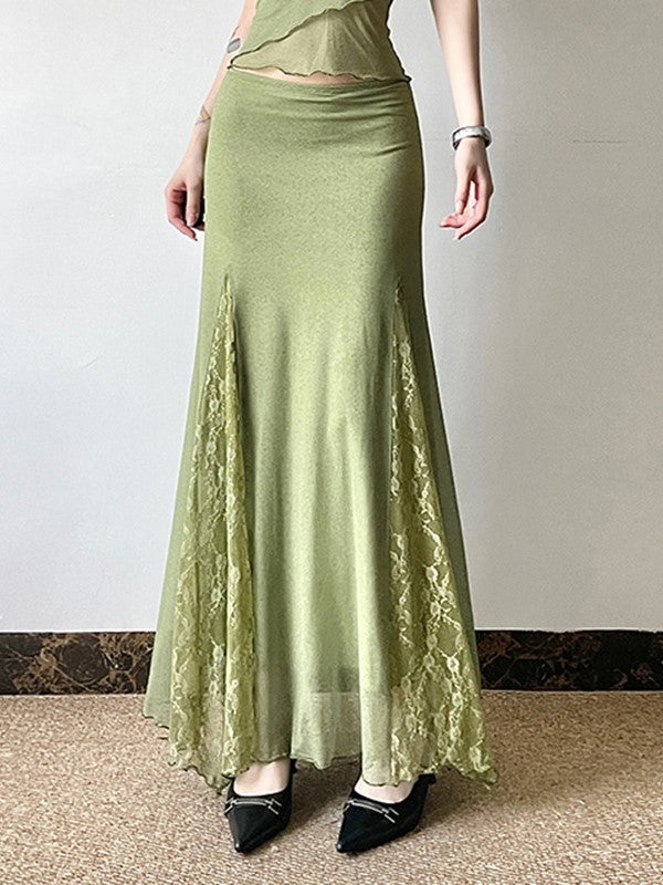 GREEN MESH PATCHWORK TOP AND MIDI SKIRT SET